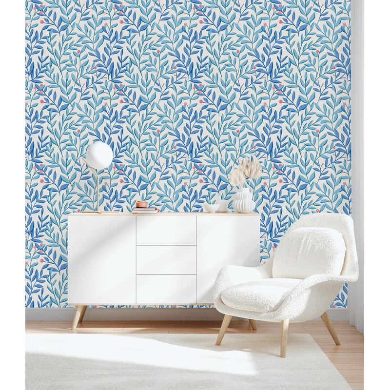 Elegant Blue Leaves and Berries Wallpaper Smart