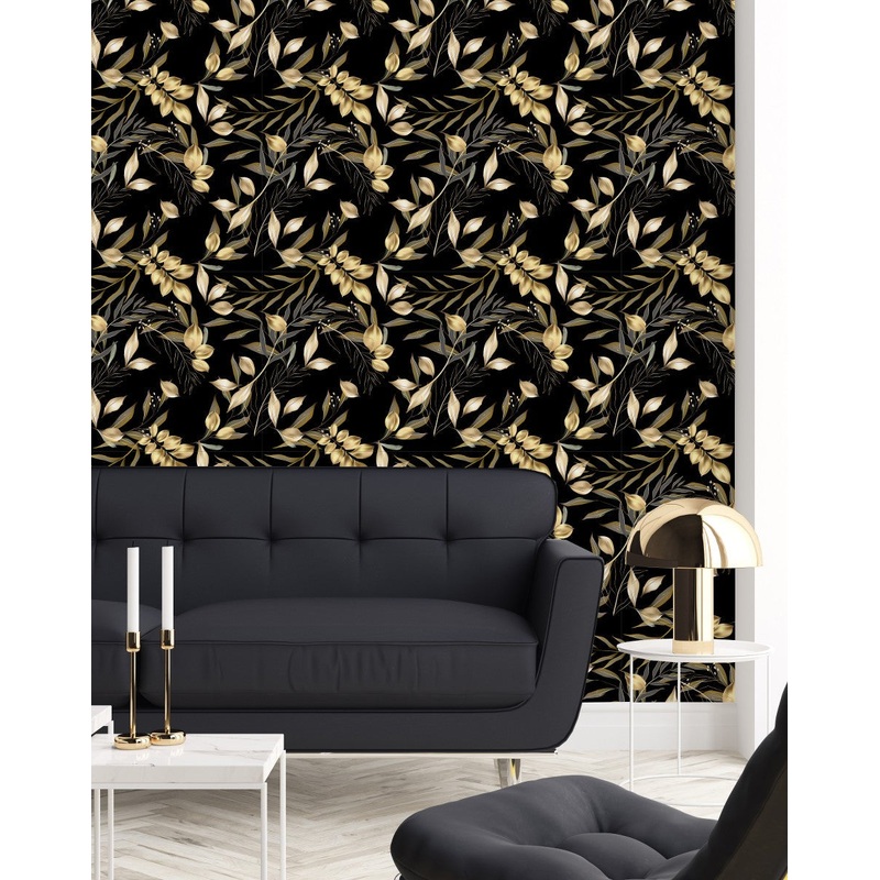 Elegant Dark Wallpaper with Gold Leaves Vogue