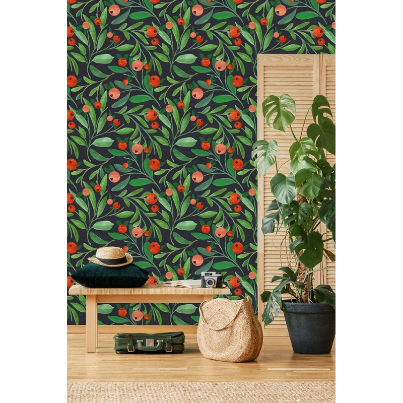 Elegant Green Leaves with Berries Wallpaper Tasteful