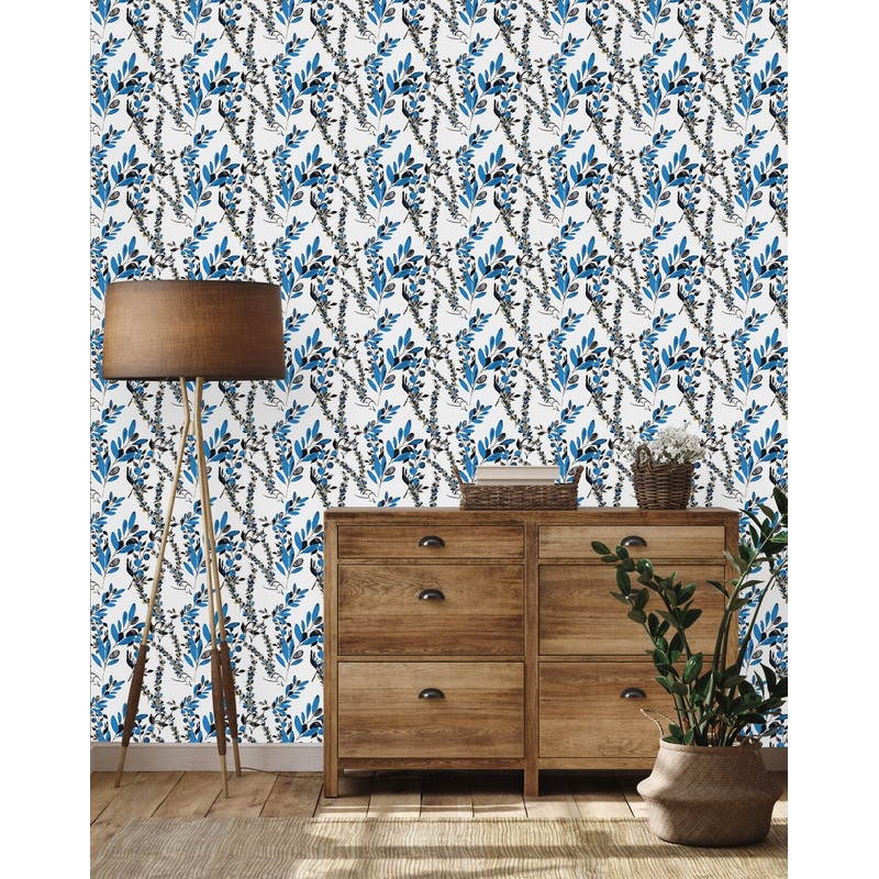 Fashionable Blue Leaves and Berries Wallpaper Vogue