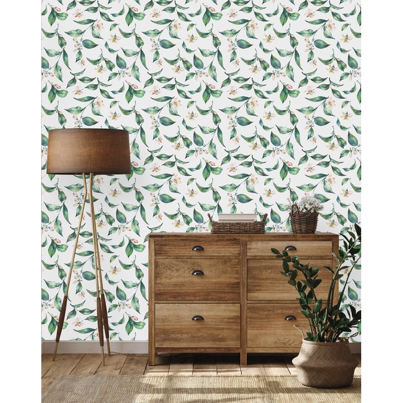 Fashionable White Wallpaper with Green Leaves Fashionable