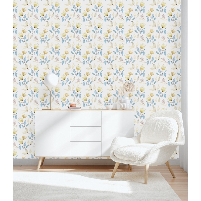 Light Wallpaper with Blue Leaves