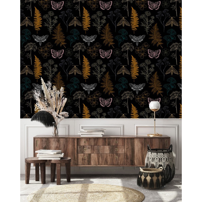Modish Black Wallpaper with Butterflies Chic