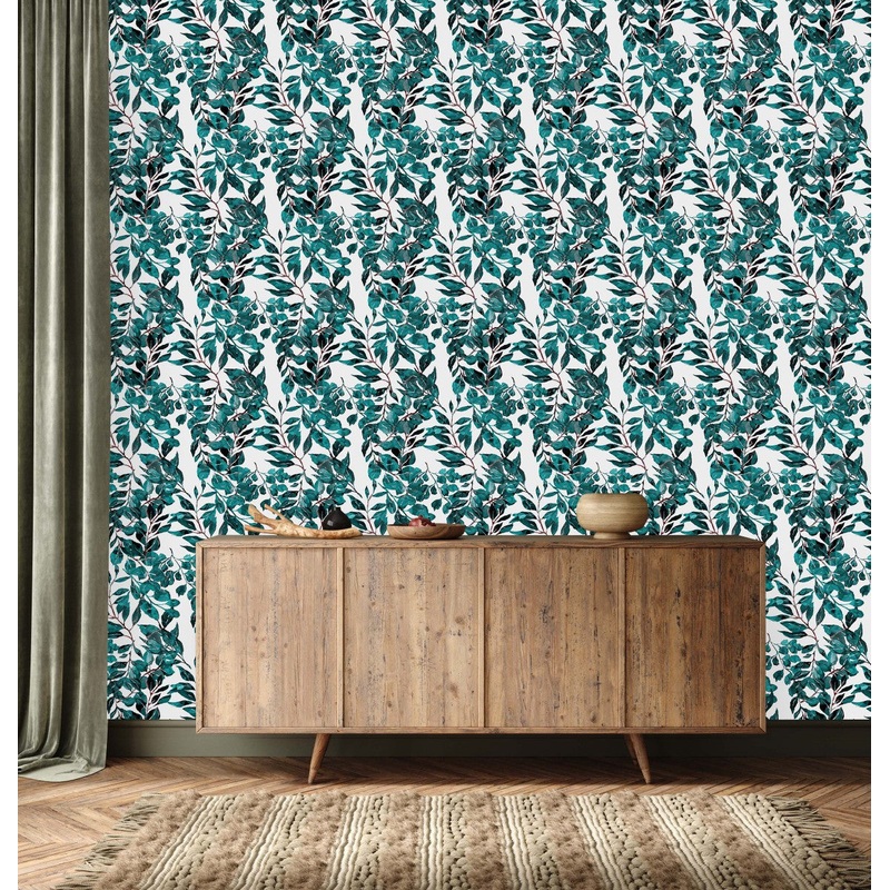 Modish White Wallpaper with Green Leaves Vogue