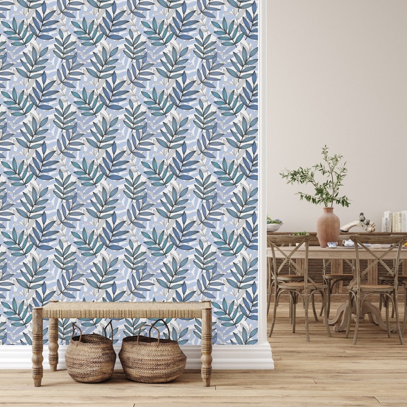 Stylish Blue Leaves Wallpaper Chic