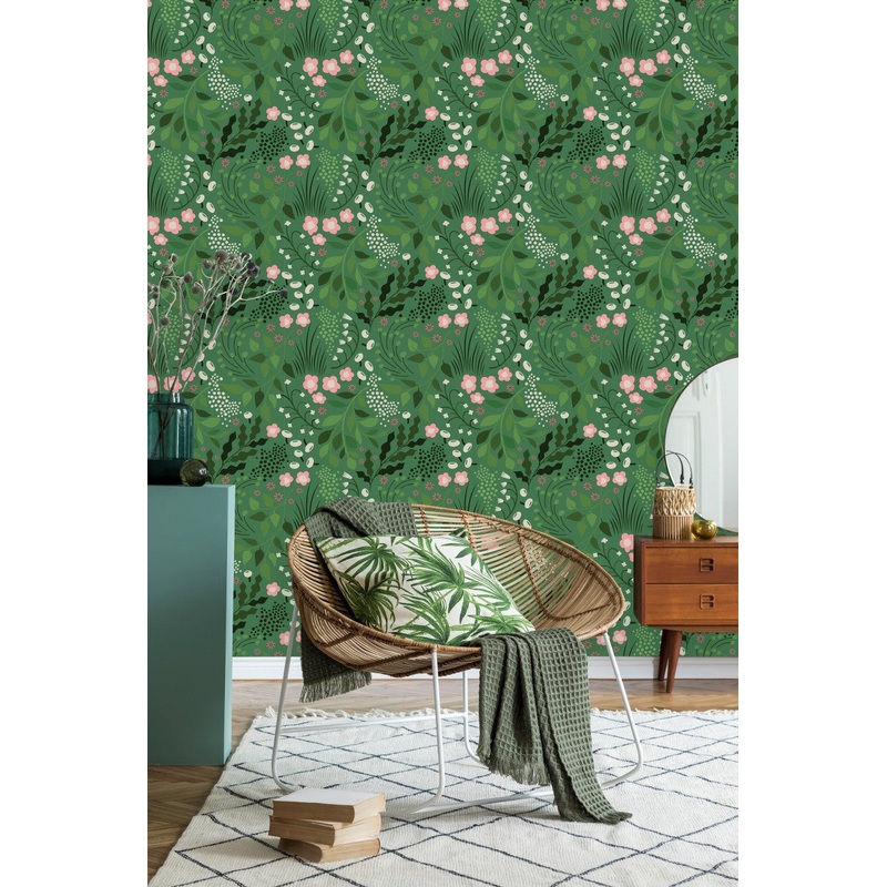 Voguish Green Wallpaper with Little Flowers Fashionable