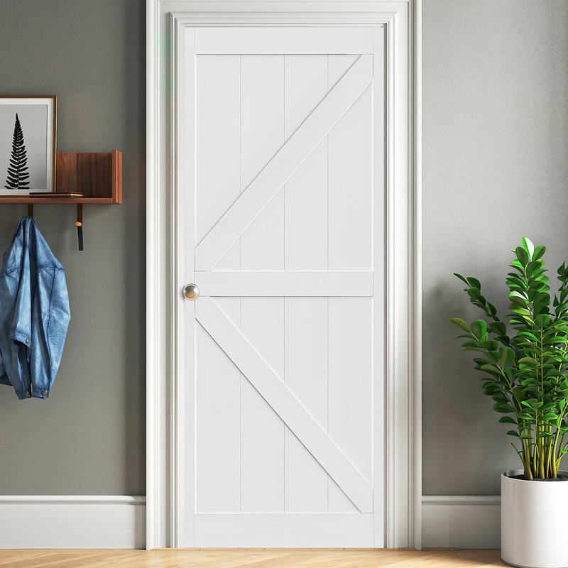 36" x 84" K" Style Wood Primed Standard Barn Door Slab, DIY Unfinished Solid Wood Paneled Door, Interior Single Door Slab