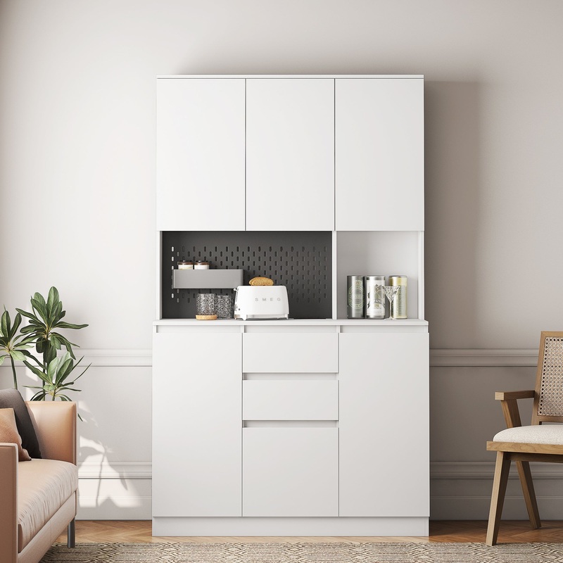 74" Kitchen Pantry Cabinet with Charging Station,Freestanding Buffet Cupboards Sideboard with Drawer,Modern Pantry Cabinet with Microwave Stand for Kitchen,Living Room,Dining Room