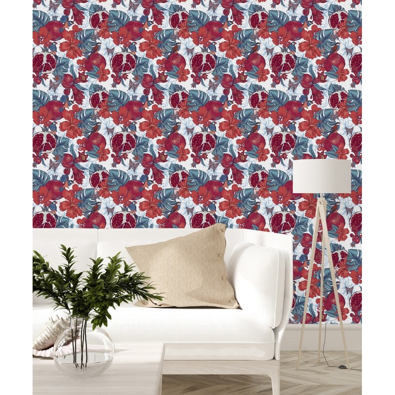 Blue Monstera Leaves and Pomegranate Wallpaper