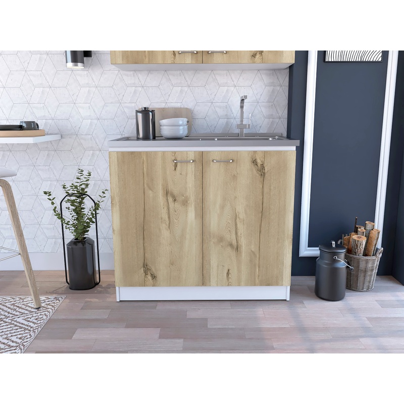 Brookeline Rectangle 2-Door Utility Sink and Cabinet White and Light Oak