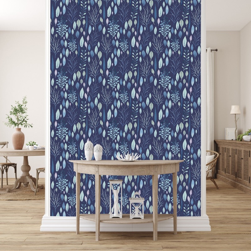 Dark Blue Wallpaper with Leaves and Trees