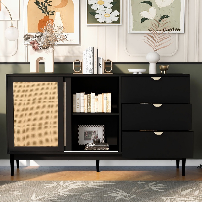 Featured Two-door Storage Cabinet with Three Drawers and Metal Handles, Suitable for Corridors, Entrances, Living rooms, and Study