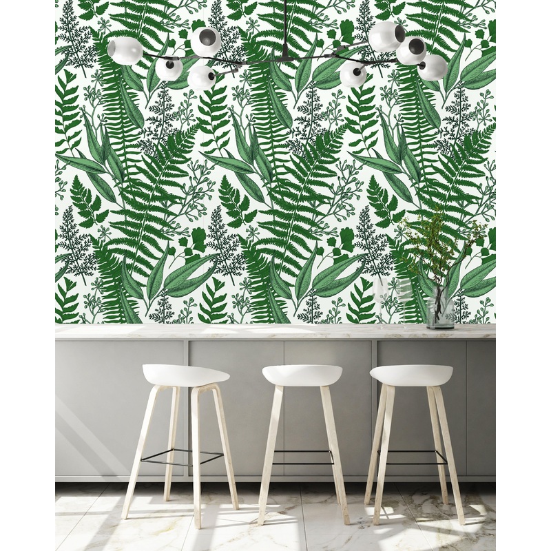 Ferns Leaves on White Wallpaper