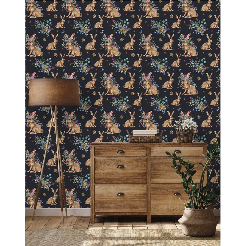Hares and Botanical Bouquet Wallpaper