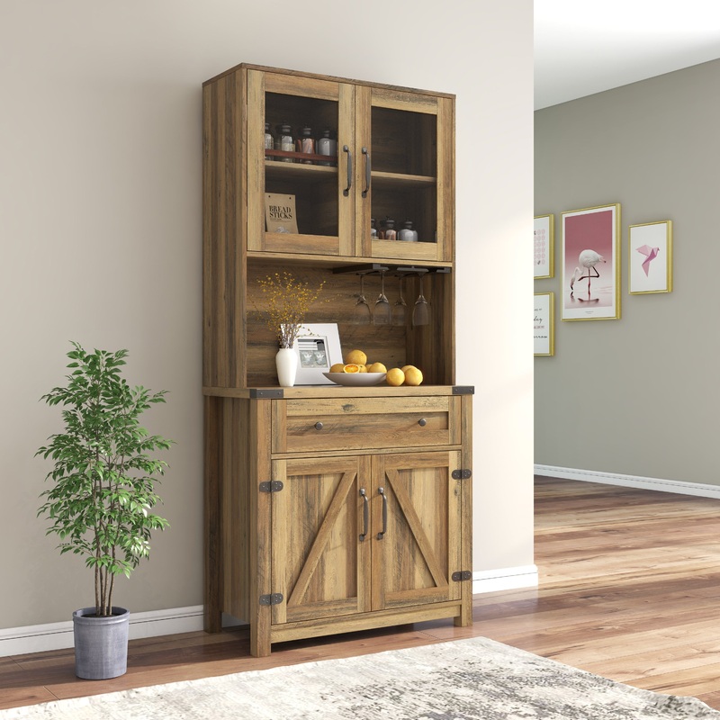 Modern Farmhouse Double Barn Door Accent Bar Cabinet with Goblet Holder, Yellow Walnut