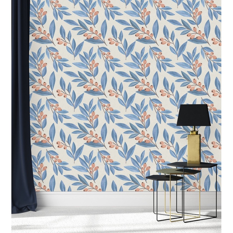 Modish Blue Leaves and Berries Wallpaper Fashionable