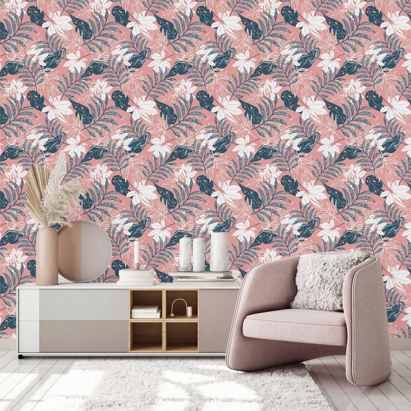Modish Pink Wallpaper with Leaves Fashionable