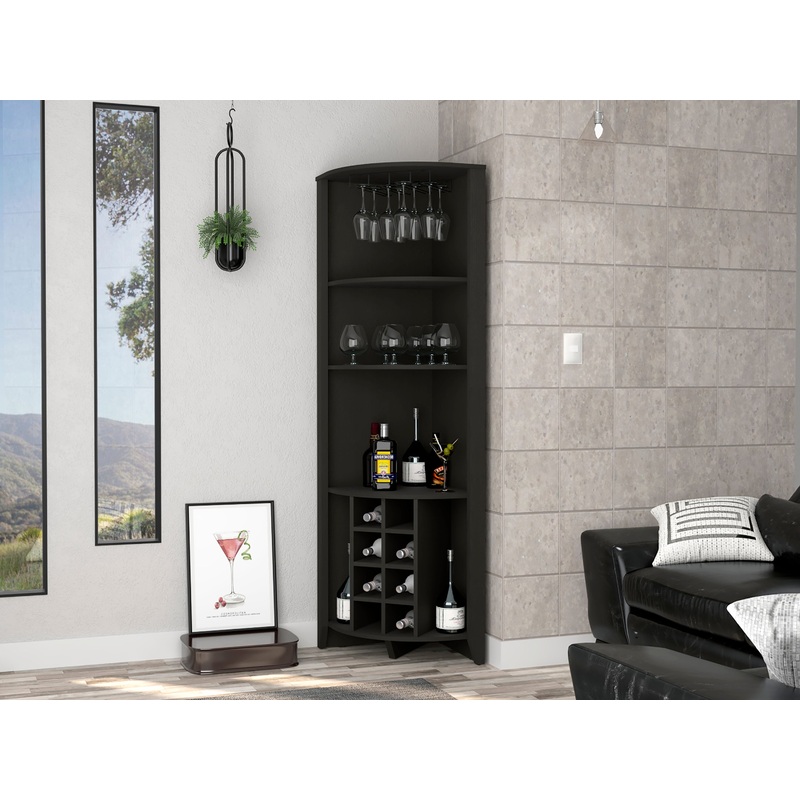Morgana 8-Bottle 5-Shelf Corner Bar Cabinet Black Wengue