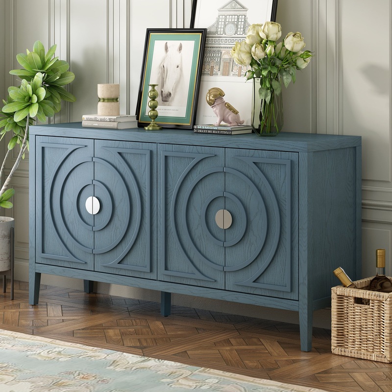 Retro Sideboarddoor with Circular Groove Design Round Metal Door Handle for Entrance, Dining Room, Living Room (Antique Blue)