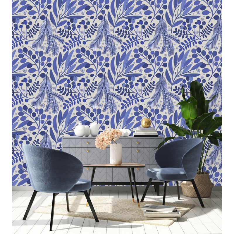 Stylish Blue Leaves and Berries Wallpaper Smart