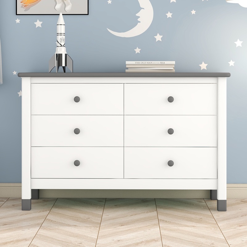 Wooden Storage Dresser with 6 Drawers, Storage Cabinet for kids Bedroom, White+Gray