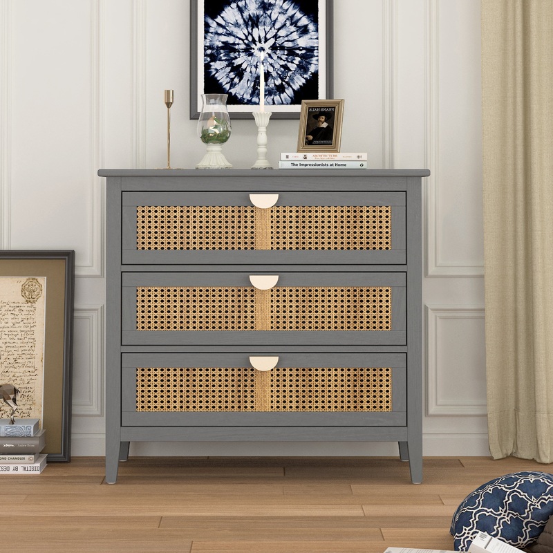 3 Drawer Cabinet, Natural rattan, American Furniture, Suitable for bedroom, living room, study