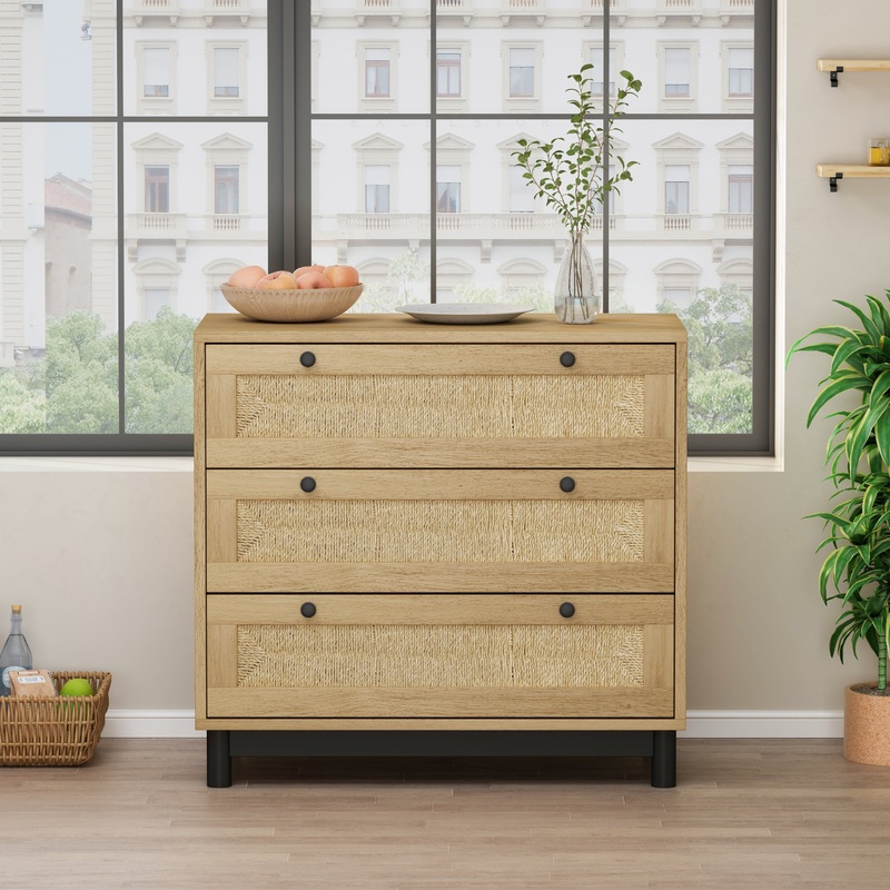 30.31"3-Drawers Storage Cabinet Rope Woven Drawer, for Bedroom, Living Room, Dining Room, Hallways, Oak