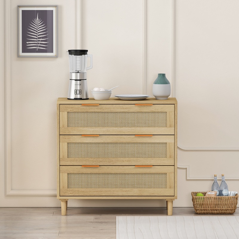 31.50"3-Drawers Rattan Storage Cabinet Rattan Drawer, for Bedroom, Living Room, Dining Room, Hallways, Oak