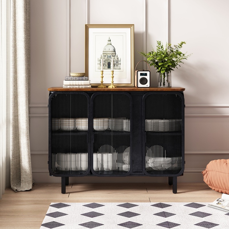 40.94" Glass Doors Modern Three-door Cabinet with Featuring Two-tier Storage, Unique Fir Cabinet Top, for Entryway, Living Room, Home Office, Dining Room