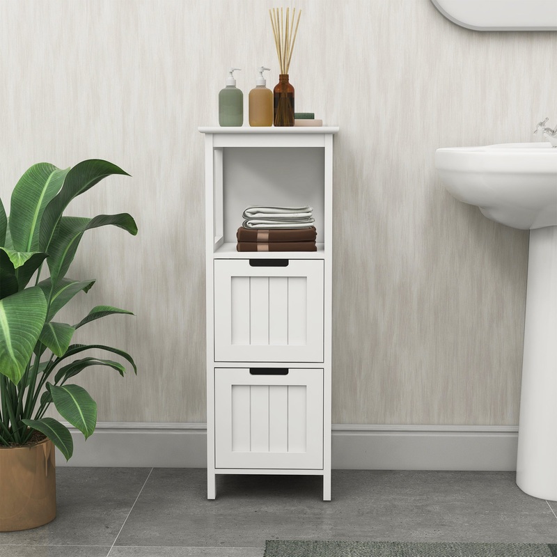 Bathroom Floor Cabinet with 2 Drawers and 1 Storage Shelf, Freestanding Wood Storage Organizer Cabinet-White