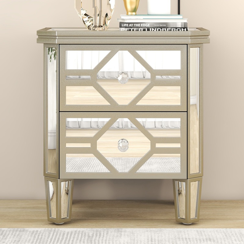 Elegant Mirrored 2-Drawer Nightstand End Table with Golden Lines for Living Room, Bedroom