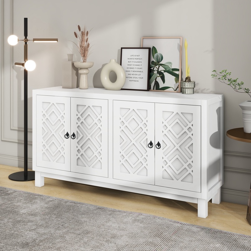 Large Storage Space Sideboard, 4 Door Buffet Cabinet with Pull Ring Handles for Living Room, Dining Room (Light Gray)